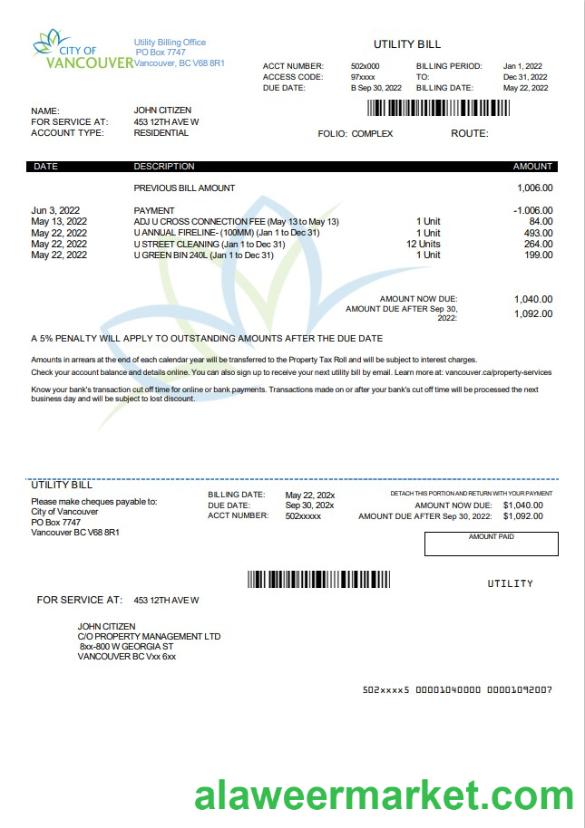 Canada British Columbia City of Vancouver utility bill template in Word and PDF format